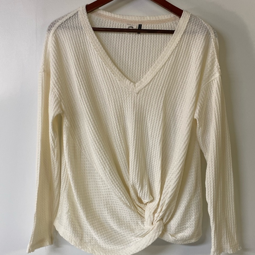 ANTHROPOLOGIE Waffle Knit Twist Front Top cream size small